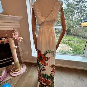 Desigual White Maxi Dress with Bold Floral Hem
